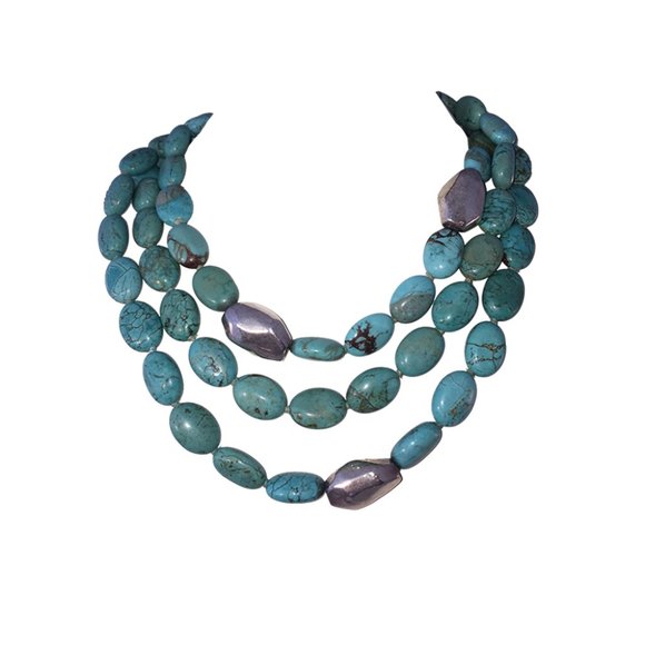 Gorgeous Triple Strand Turquoise Bead Necklace wit